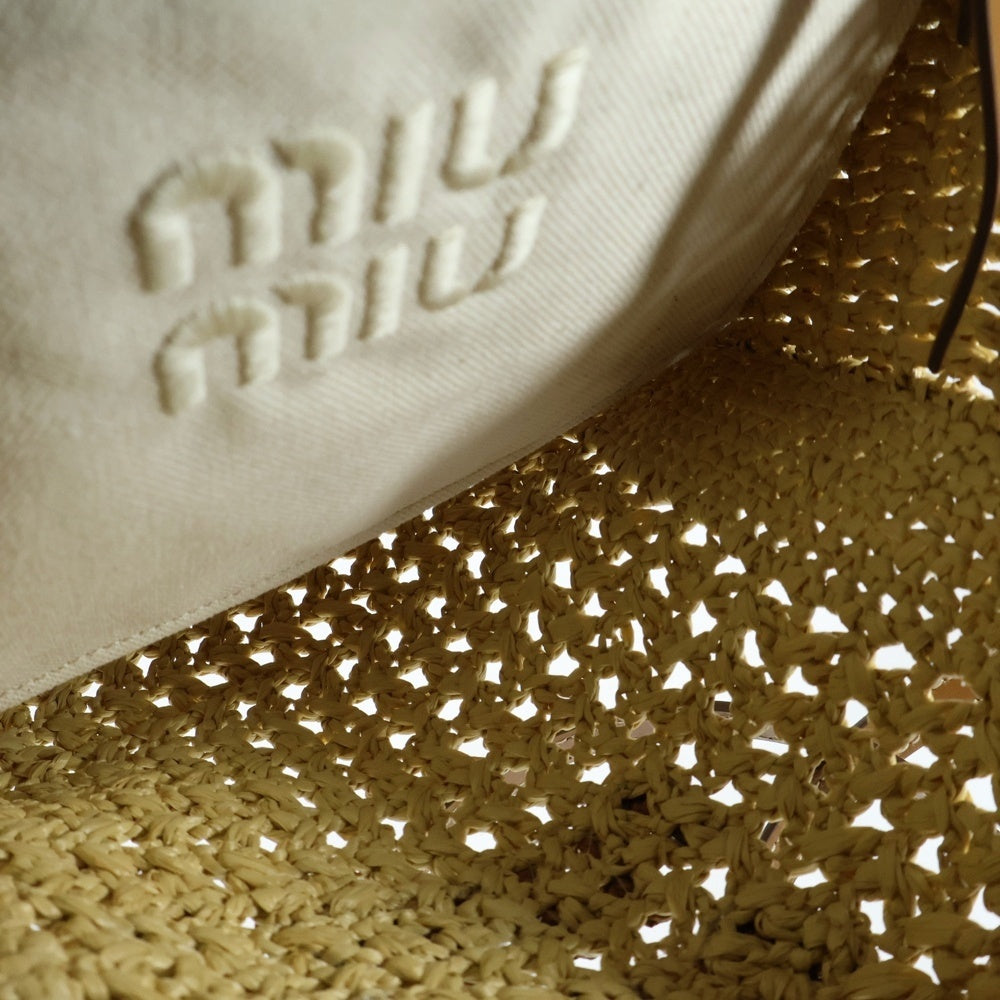 miumiu(ミュウミュウ) ラフィア エフェクトウーブン 2WAYトートバッグ ハンドバッグ ショルダーバッグ ミニバッグ ブラウン×ベージュ ゴールド金具