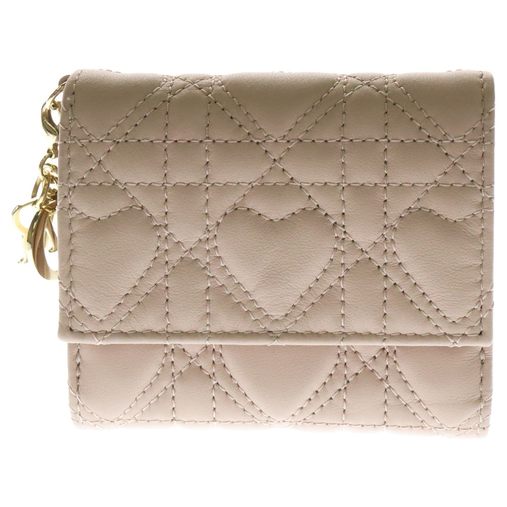 Christian Dior(クリスチャンディオール) レディディオール ハート カナージュ ロータス レザー コンパクトウォレット 三つ折り財布 ゴールド金具 ピンク レディース