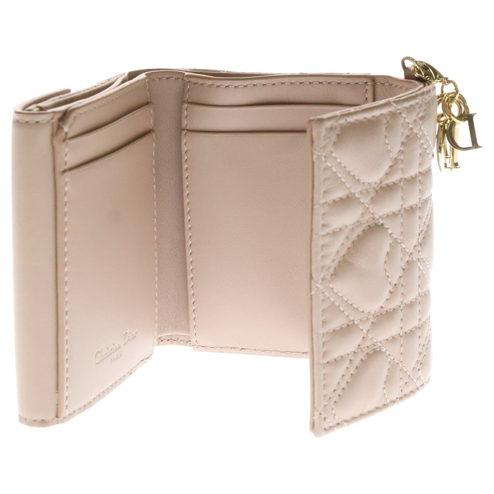 Christian Dior(クリスチャンディオール) レディディオール ハート カナージュ ロータス レザー コンパクトウォレット 三つ折り財布 ゴールド金具 ピンク レディース
