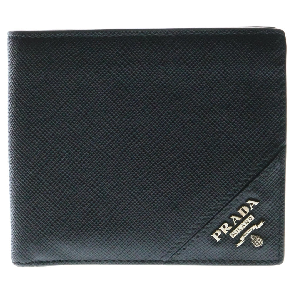 PRADA(プラダ) サフィアーノ 2つ折り財布 ウォレット カードケース 名刺入れ ブラック シルバー金具 レザー 2MO738