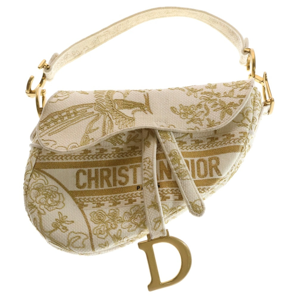 Christian Dior(クリスチャンディオール) ロゴ キャンバス サドルバッグ ワンショルダーバッグ ホワイト×ゴールド