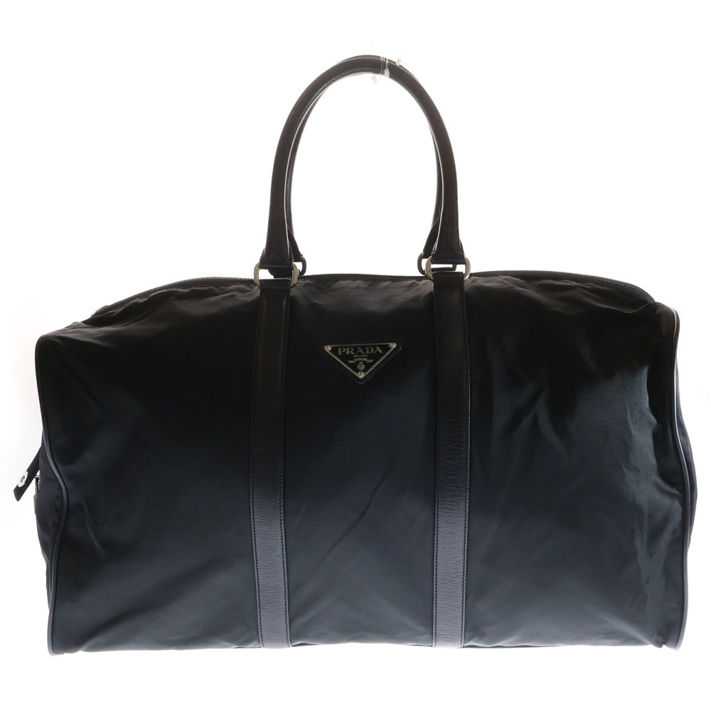 PRADA(プラダ) ボストンバッグ ハンドバッグ ブラック シルバー金具 ロゴ三角プレート テスート×レザー