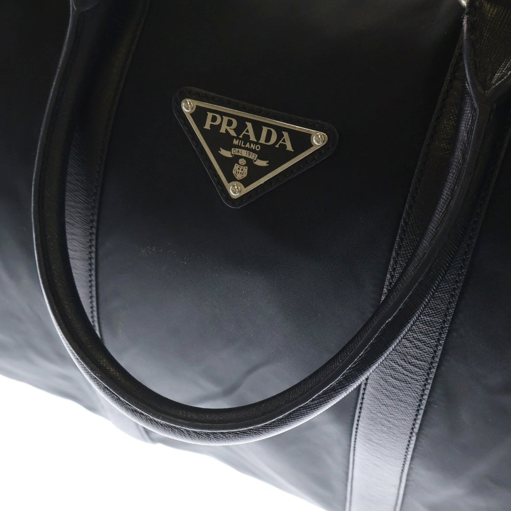PRADA(プラダ) ボストンバッグ ハンドバッグ ブラック シルバー金具 ロゴ三角プレート テスート×レザー