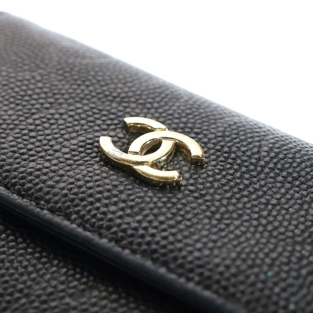 CHANEL(シャネル) カメリア 三つ折り財布 コンパクトウォレット コインケース ブラック レザー ゴールド金具 キャビアスキン