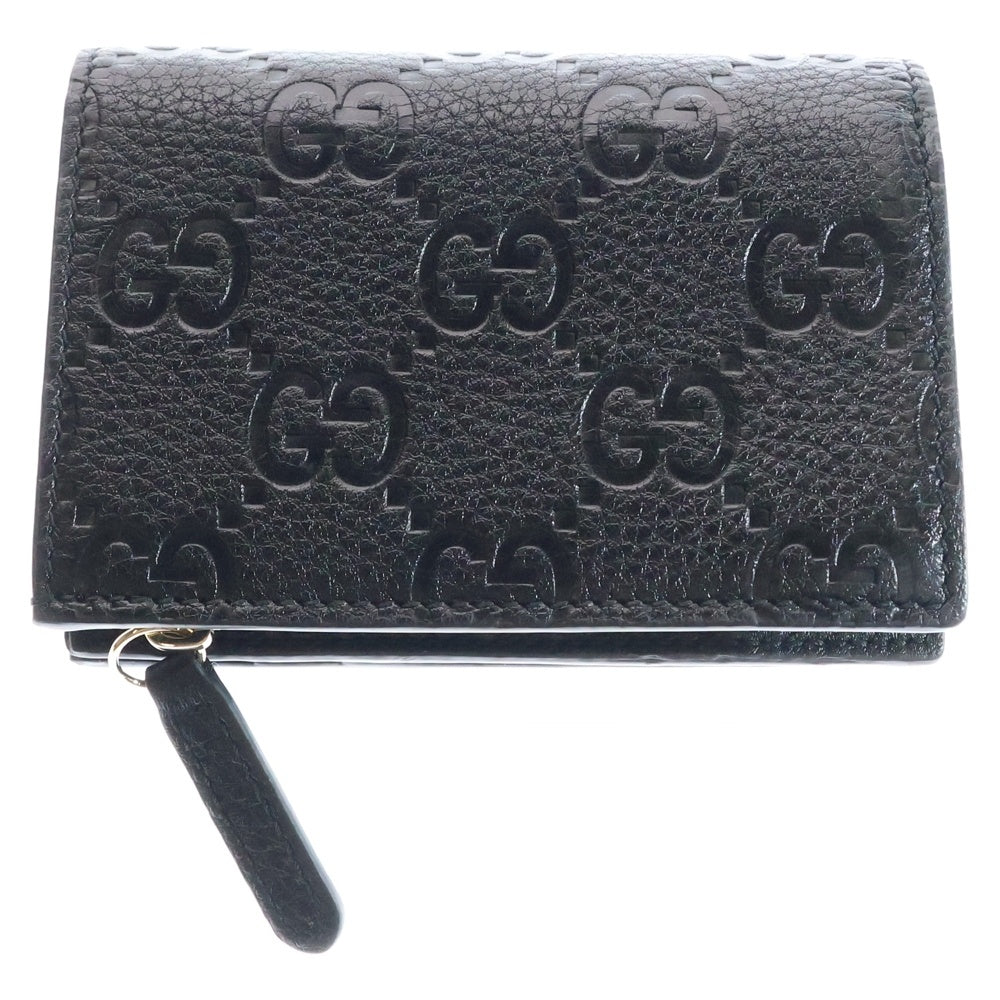 GUCCI(グッチ) GGエンブレム スモールウォレット コンパクトウォレット 二つ折り財布 ブラック ゴールド金具 レザー 815874