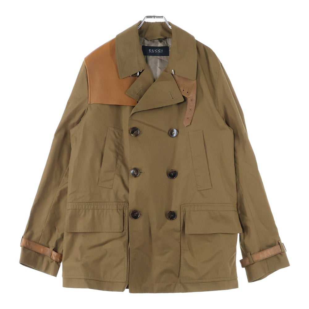 GUCCI(グッチ) レザー切り替え コットンナイロン トレンチ ジャケット ショート コート ブラウン 366617