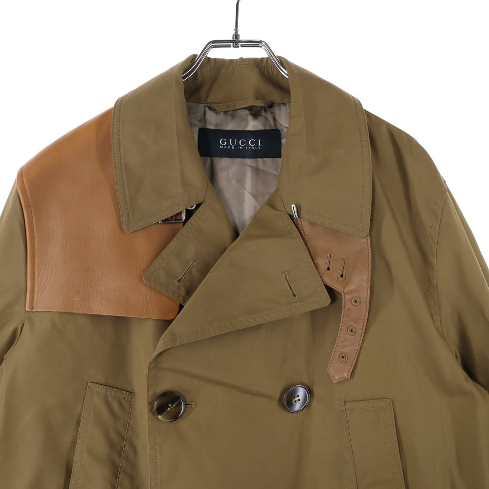 GUCCI(グッチ) レザー切り替え コットンナイロン トレンチ ジャケット ショート コート ブラウン 366617