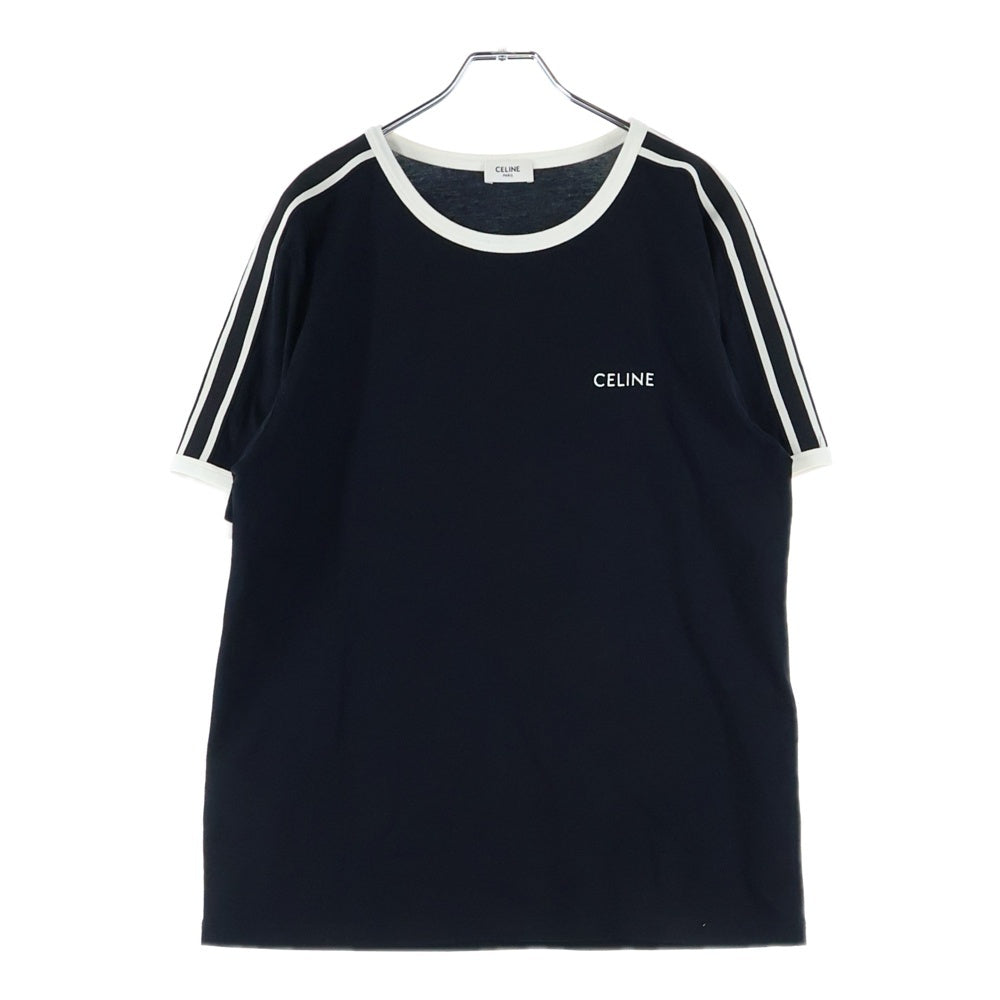 CELINE(セリーヌ) ロゴ刺繍 サイドライン コットンジャージー クルーネック 半袖Tシャツ カットソー ブラック 2X15N671Q.38LC