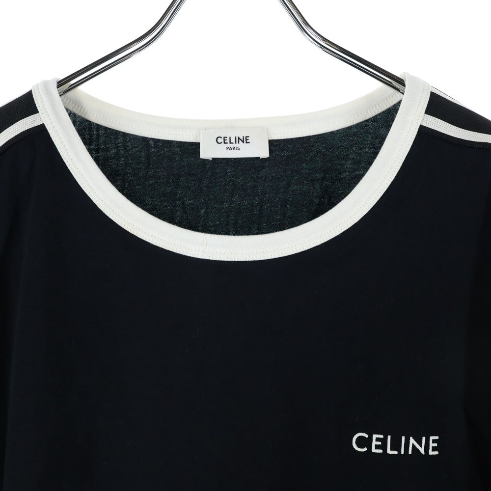 CELINE(セリーヌ) ロゴ刺繍 サイドライン コットンジャージー クルーネック 半袖Tシャツ カットソー ブラック 2X15N671Q.38LC