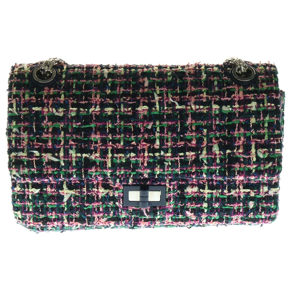 CHANEL(シャネル) 2.55 Wフラップ Wチェーン チェーンショルダーバッグ ハンドバッグ ブラック×ピンク ツイード シルバー金具