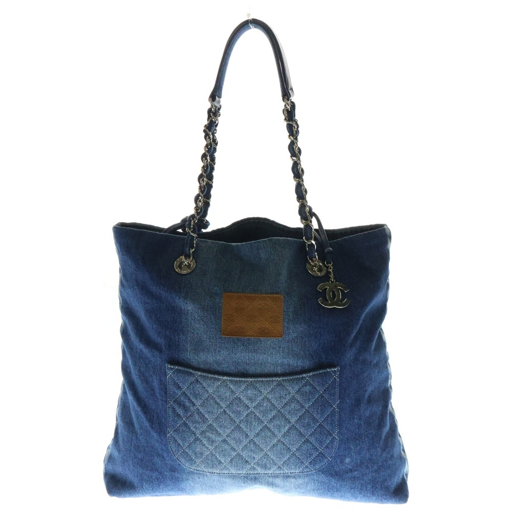 CHANEL(シャネル) ココマーク デニムチェーントートバッグ ハンドバッグ インディゴブルー デニム シルバー金具 AS0480