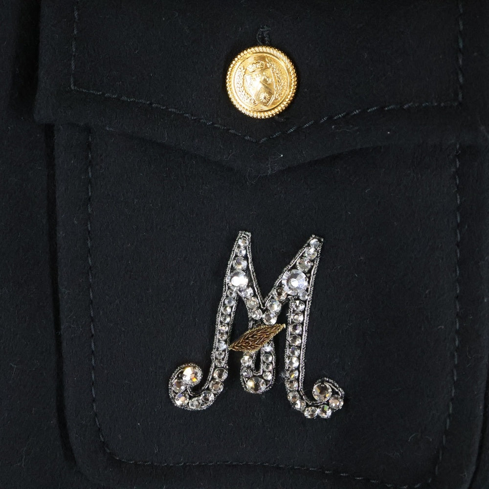 GUCCI(グッチ) DIY オーダー ビジューM刺繍 ゴールドボタン メルトンウール エポーレット ステンカラー ロング ケープ コート ポンチョ ブラック 622510