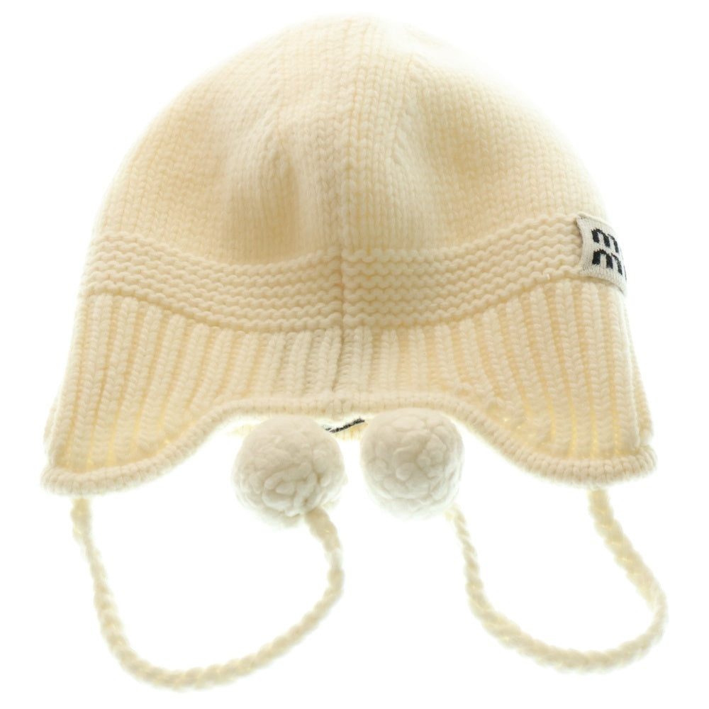 miumiu(ミュウミュウ) 24AW ロゴジャガード カシミヤ混 ウールニット キャップ ポンポン ビーニー 帽子 ホワイト 5HC324