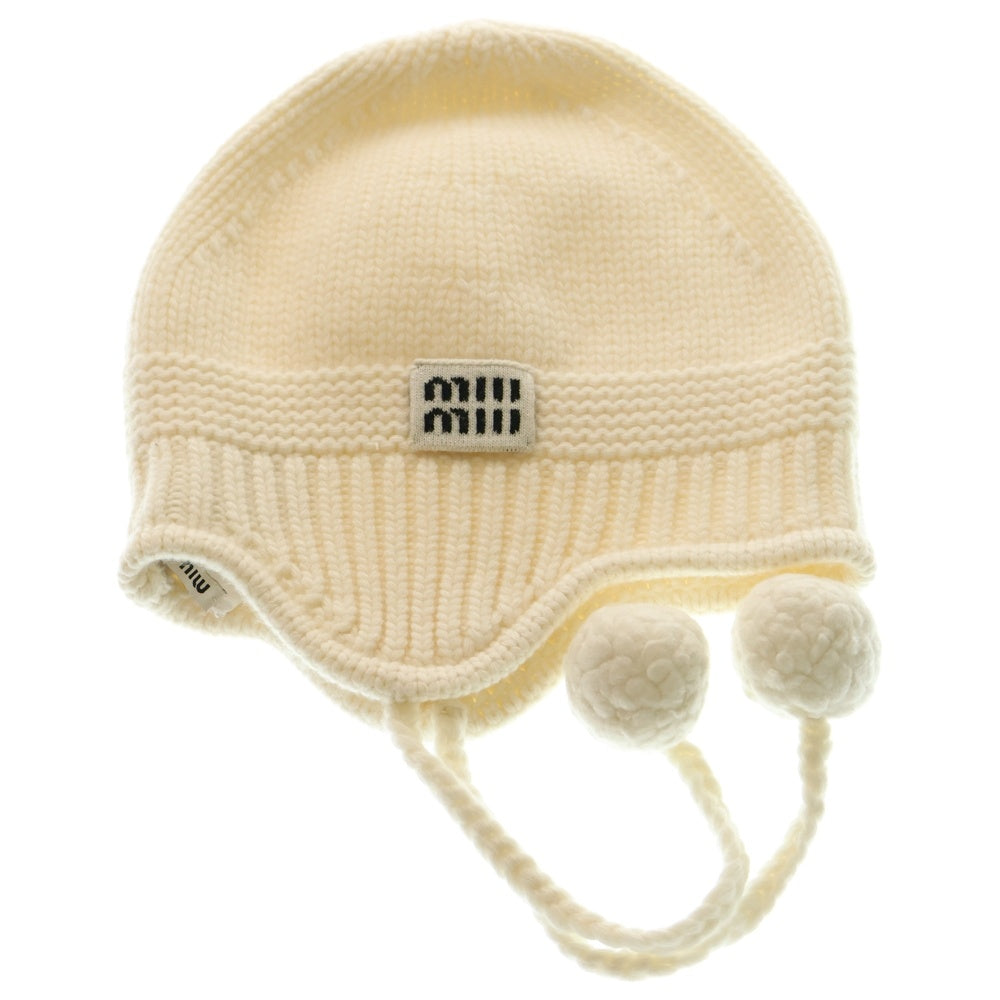 miumiu(ミュウミュウ) 24AW ロゴジャガード カシミヤ混 ウールニット キャップ ポンポン ビーニー 帽子 ホワイト 5HC324