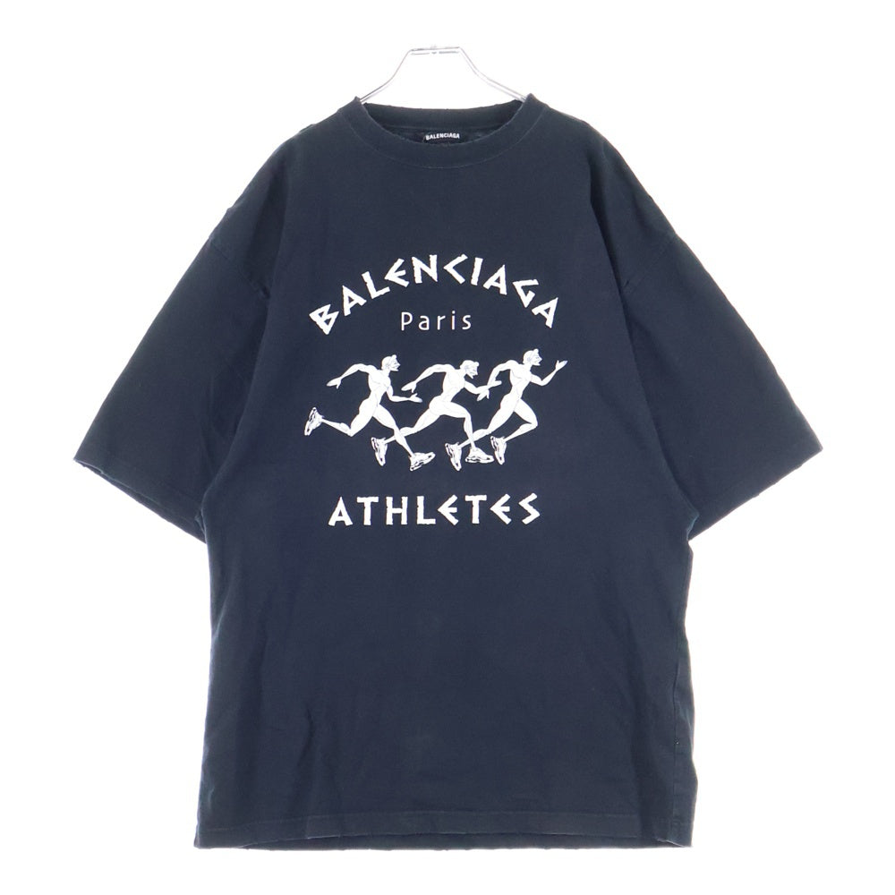 BALENCIAGA(バレンシアガ) ATHLETES アスリート ロゴプリント ダメージ加工 クルーネック 半袖Tシャツ カットソー ブラック 641614