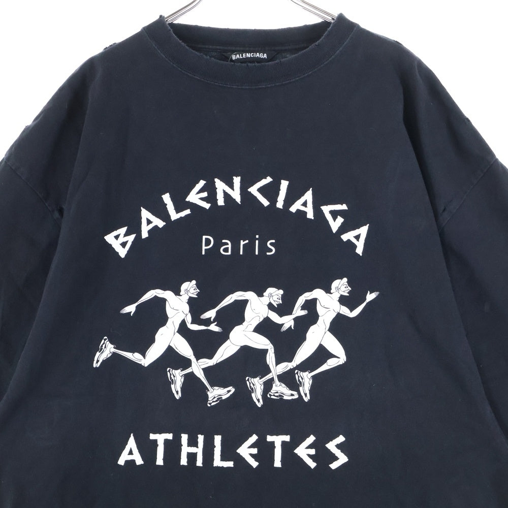 BALENCIAGA(バレンシアガ) ATHLETES アスリート ロゴプリント ダメージ加工 クルーネック 半袖Tシャツ カットソー ブラック 641614