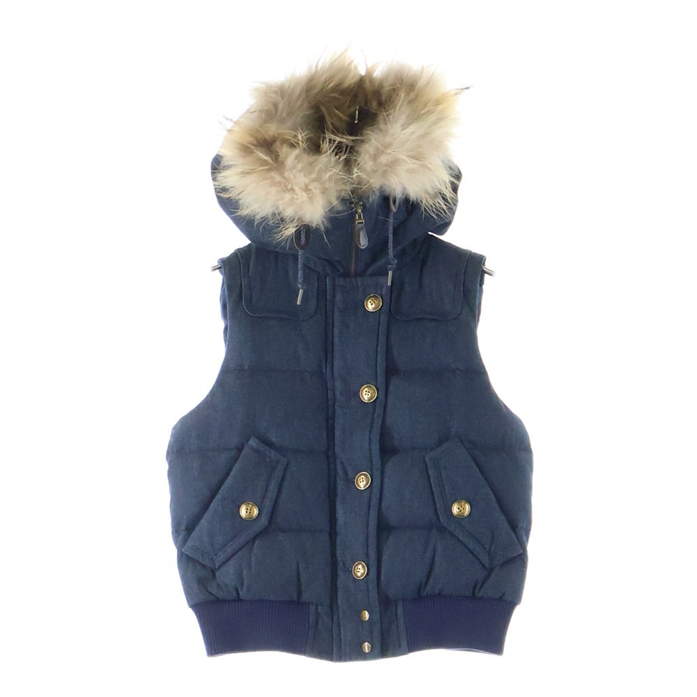 BURBERRY BLUE LABEL(バーバリーブルーレーベル) ファー フーデッド ジップアップ デニム ノースリーブ ダウンベスト インディゴ レディース E1G17-805-29