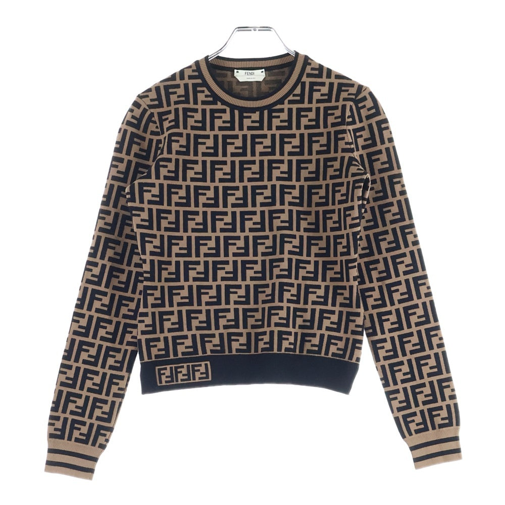 FENDI(フェンディ) ズッカ総柄 レーヨン クルーネック プルオーバー 長袖ニット セーター ブラウン レディース FZY703 A5QG