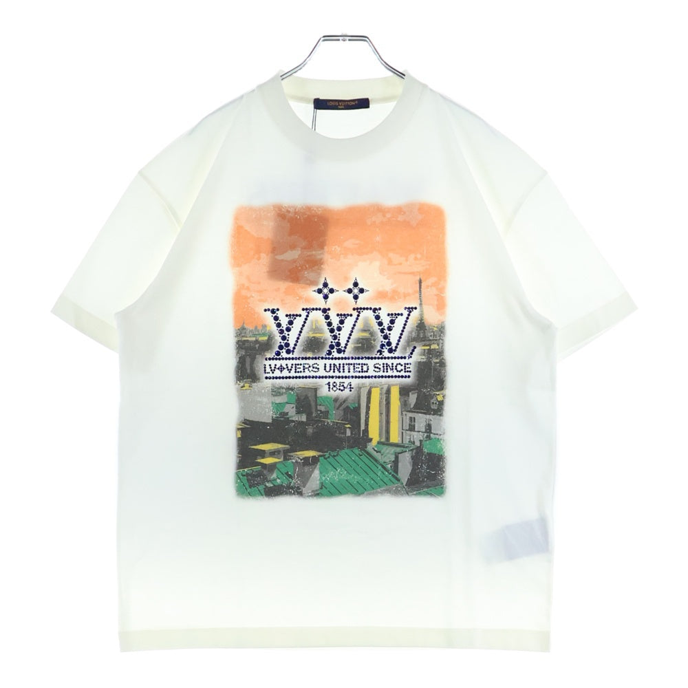 LOUIS VUITTON(ルイヴィトン) 25SS エンベリッシュド グラフィックプリント ビジュー ラインストーン ロゴ クルーネック 半袖Tシャツ カットソー ホワイト RM251M NPG HSY95W