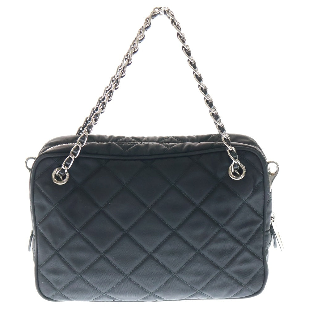 PRADA(プラダ) テスートナイロン トライアングルロゴプレート サフィアーノレザー キルティング 2WAY チェーン ハンド ショルダーバッグ シルバー金具 ブラック 1BH910