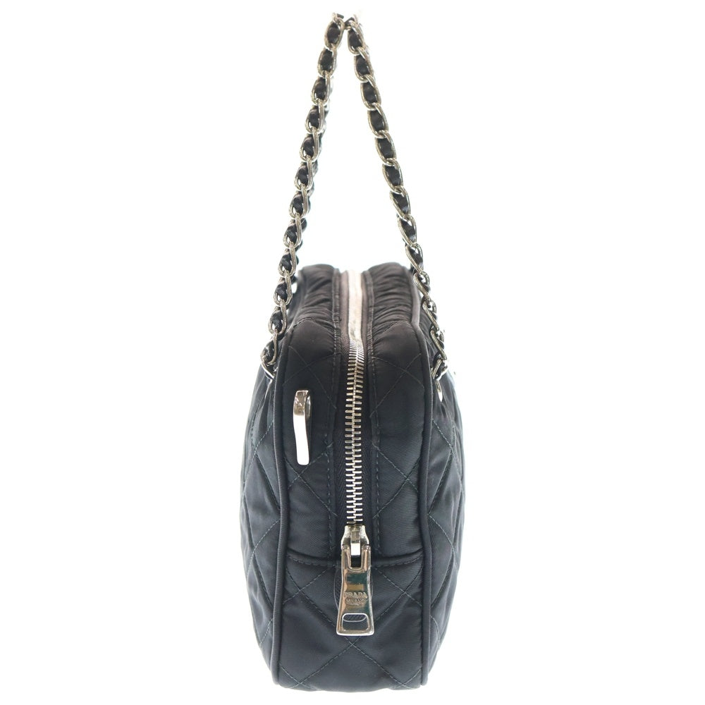 PRADA(プラダ) テスートナイロン トライアングルロゴプレート サフィアーノレザー キルティング 2WAY チェーン ハンド ショルダーバッグ シルバー金具 ブラック 1BH910