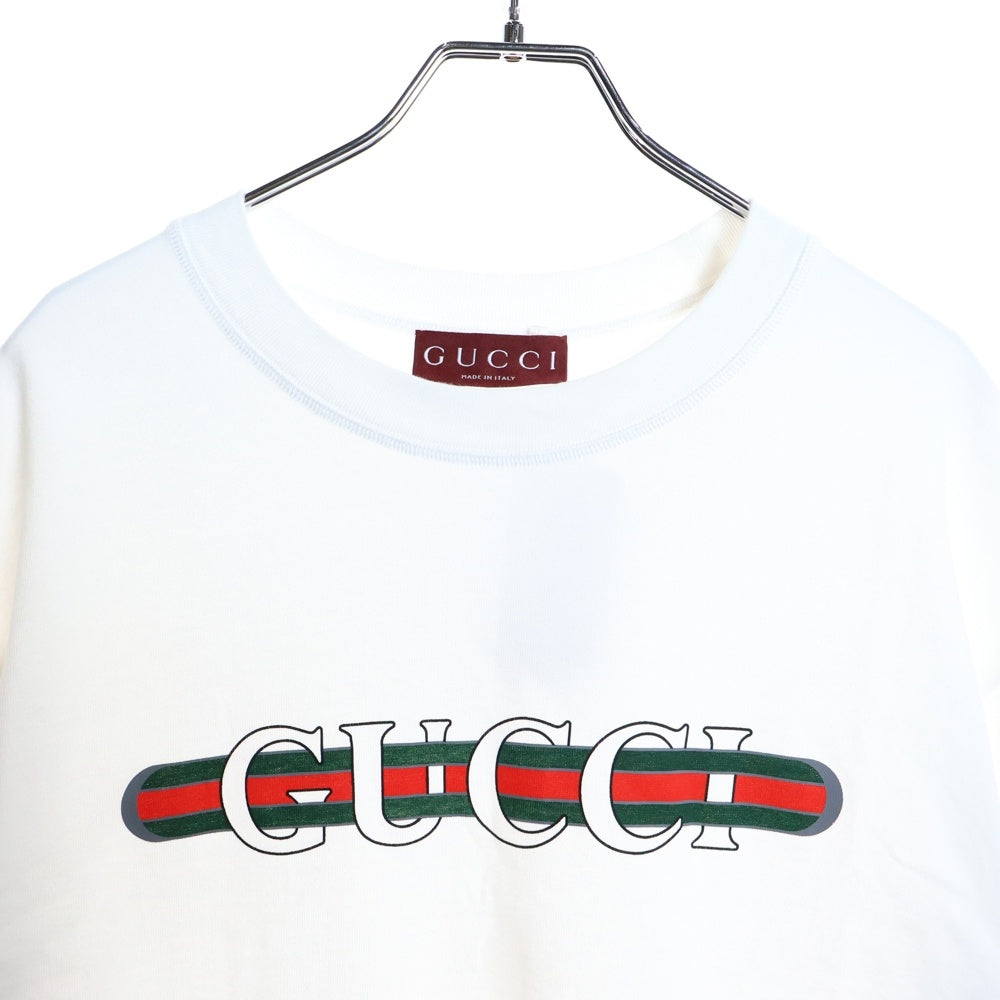 GUCCI(グッチ) 25SS ウェブストライプ ロゴプリントクルーネック半袖Tシャツカットソー ホワイト 784361 XJGKB レディース