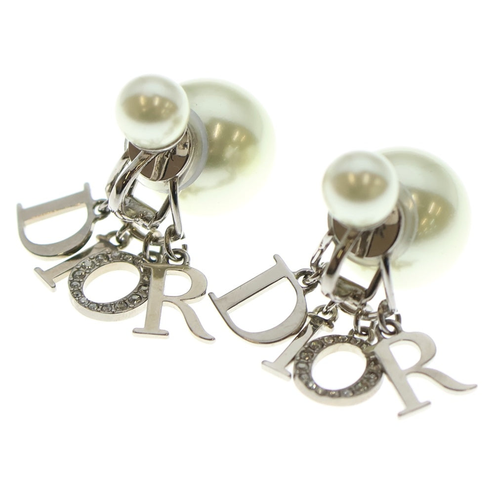 Christian Dior(クリスチャンディオール) パールイヤリング トライバル ロゴラインストーン ホワイト×シルバー