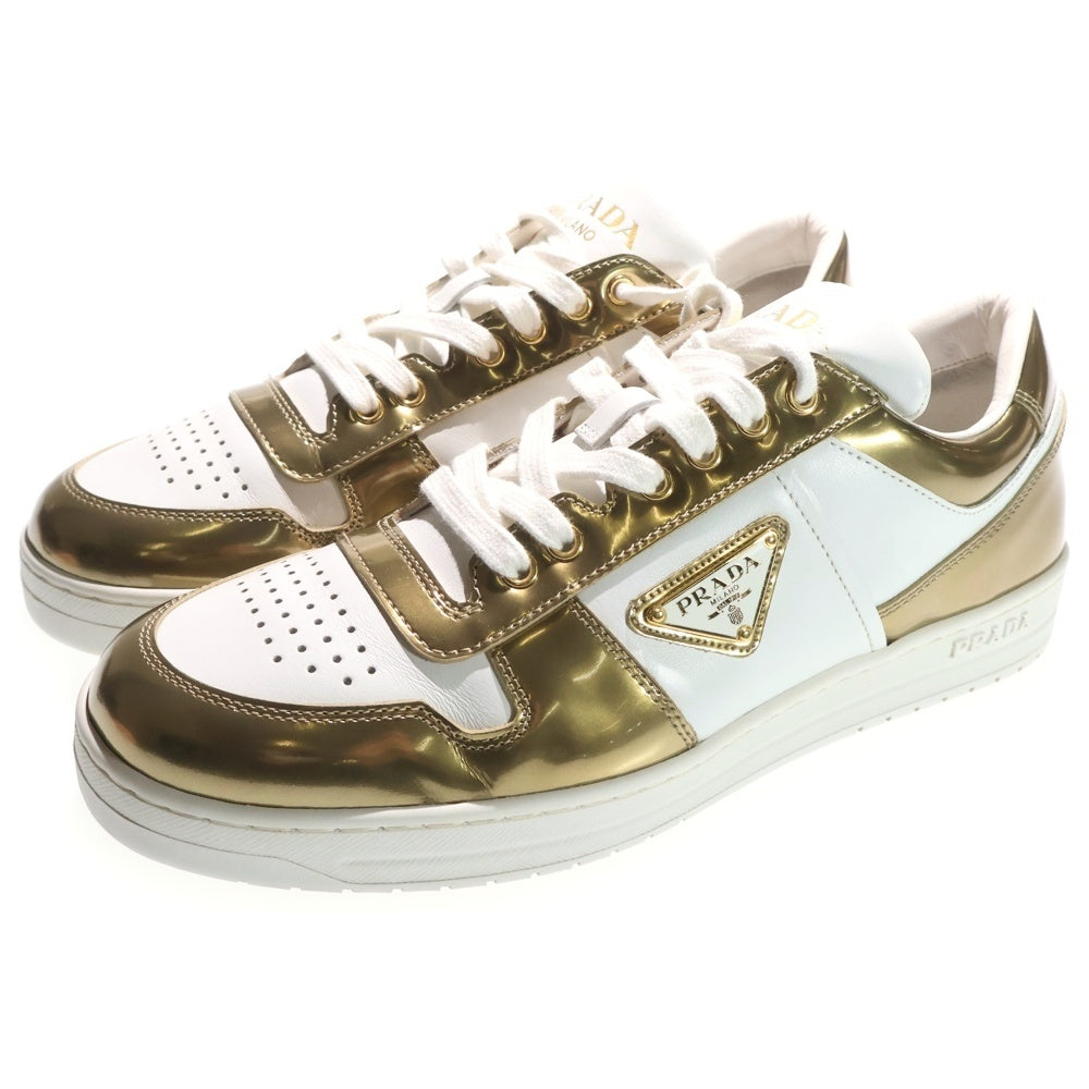PRADA(プラダ) ダウンタウン トライアングルロゴプレート パテント コンビレザー レースアップ ローカットシューズ スニーカー ゴールド/ホワイト 2EE364
