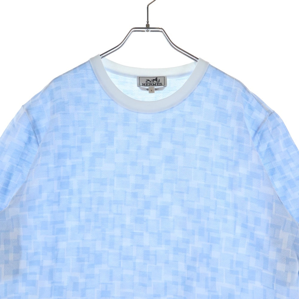 HERMES(エルメス) 総柄プリント クルーネック 半袖Tシャツ カットソー ライトブルー
