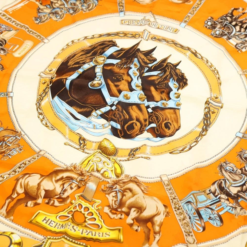 HERMES(エルメス) カレ90 CHEVAUX DE TRAIT シルクスカーフ オレンジ レディース