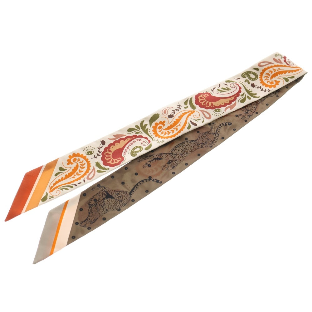 HERMES(エルメス) ツイリー GUEPARDS BANDANA ブラン×オランジュキュイ シルク レディース