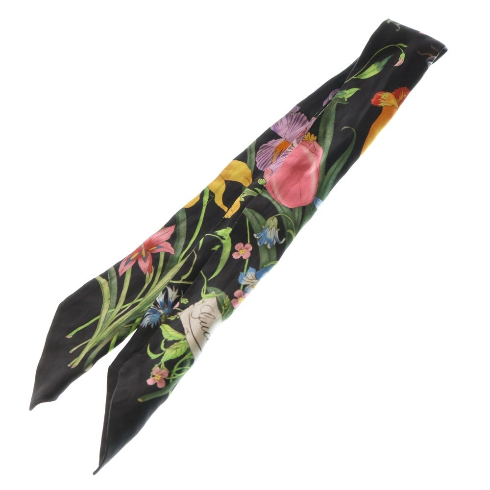 GUCCI(グッチ) スカーフ フローラ プリント ネックボウ シルクスカーフ ブラック 733434