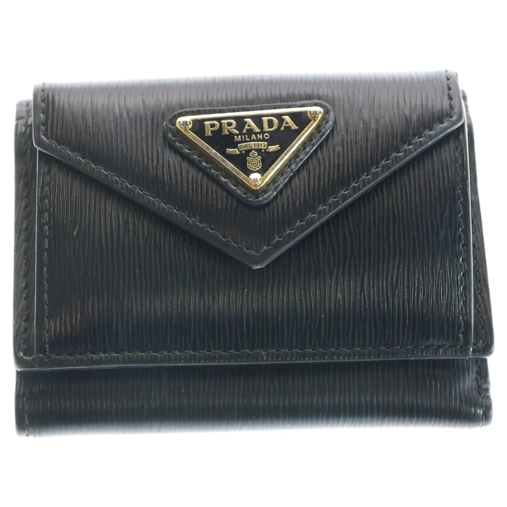 PRADA(プラダ) 三つ折り財布 コンパクトウォレット コインケース ブラック レザー 1MH021 ゴールド金具 レディース