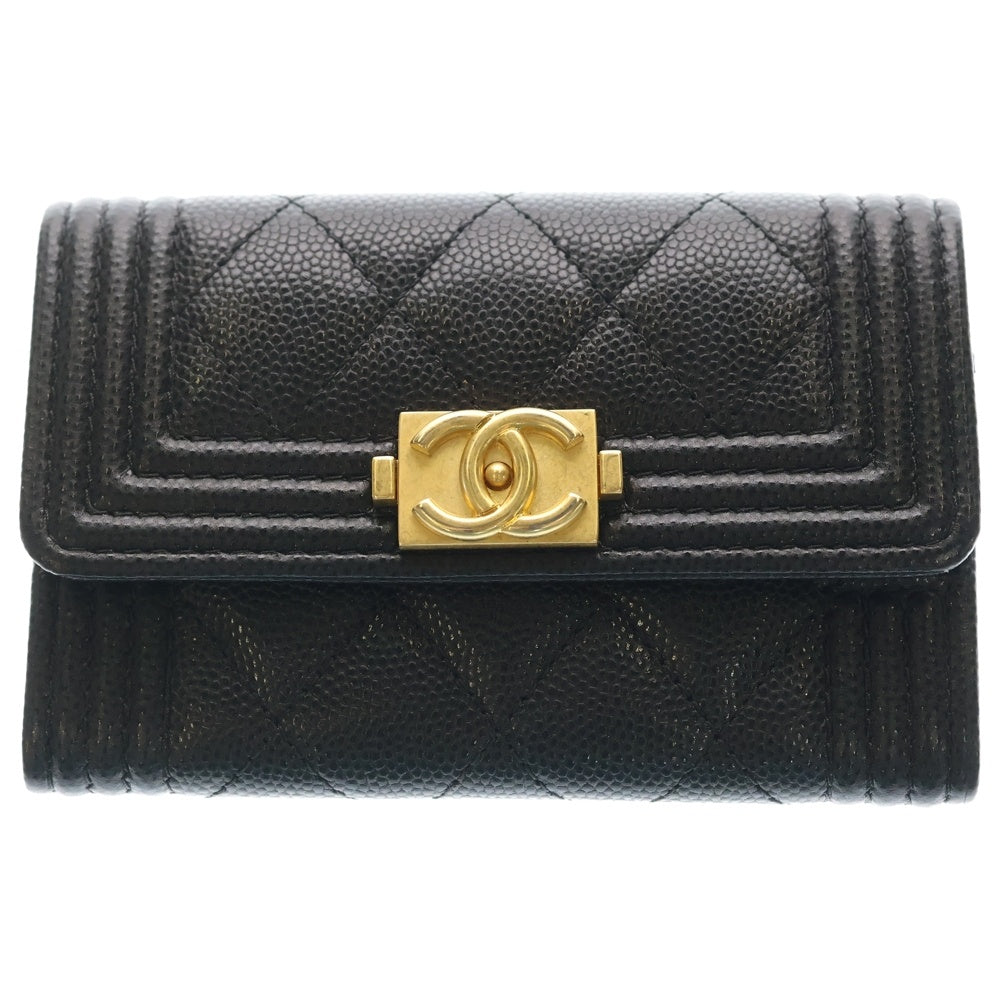 CHANEL(シャネル) ボーイシャネル カードケース コインケース 名刺入れ 小物入れ ブラック キャビアスキン ゴールド金具 レディース