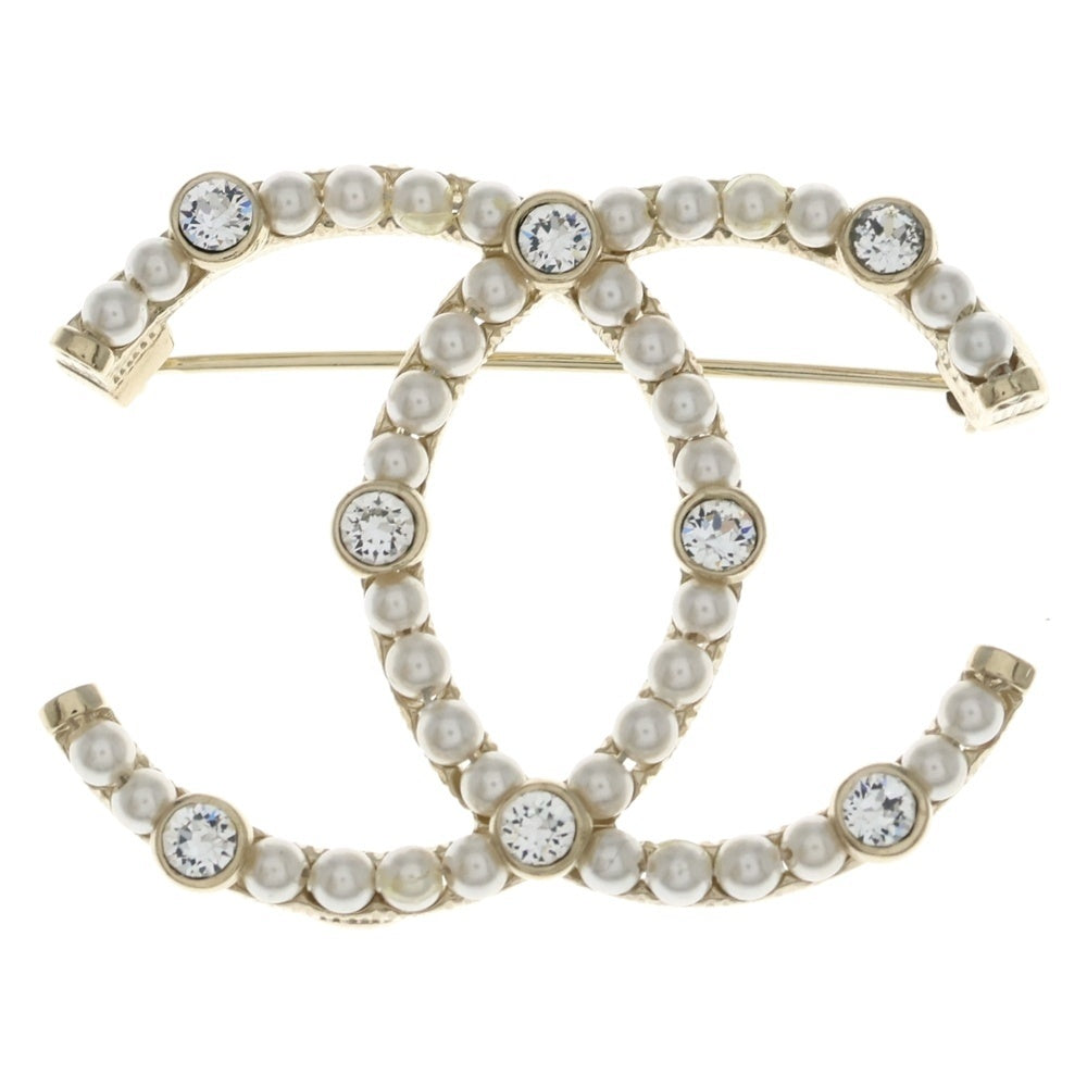 CHANEL(シャネル) ココマーク パールラインストーンブローチ ピンバッジ ホワイト×ゴールド レディース