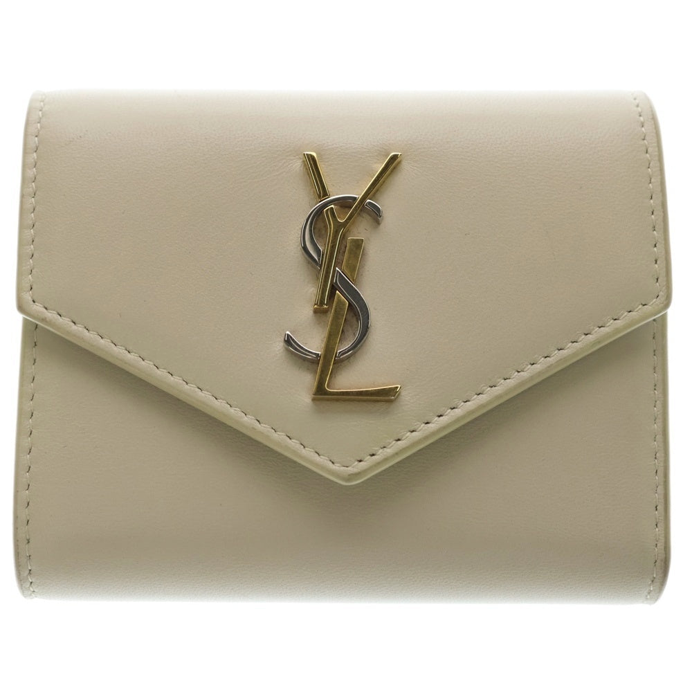 SAINT LAURENT PARIS(サンローランパリ) カサンドラ コンパクトウォレット 三つ折り財布 コインケース アイボリー クリーム ラム 742981 ゴールド金具 レディース