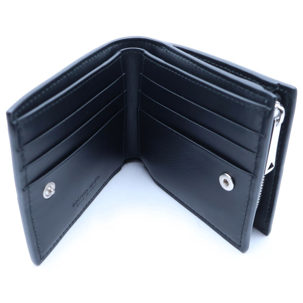 BOTTEGA VENETA(ボッテガヴェネタ) マキシイントレチャート カセット 二つ折り財布 コンパクトウォレット コインケース L字ファスナー ブラック レザー シルバー金具