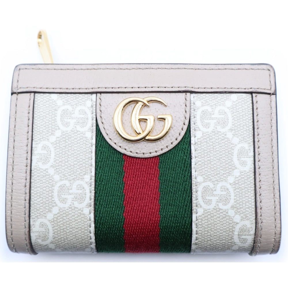 GUCCI(グッチ) オフィディア GGスプリーム カードケース コンパクトウォレット 2つ折り財布 キャンバス ベージュ 8132 ゴールド金具 レディース