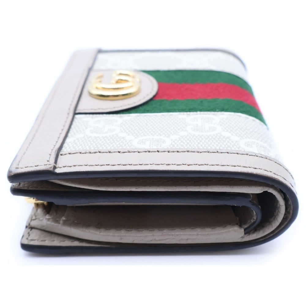 GUCCI(グッチ) オフィディア GGスプリーム カードケース コンパクトウォレット 2つ折り財布 キャンバス ベージュ 8132 ゴールド金具 レディース