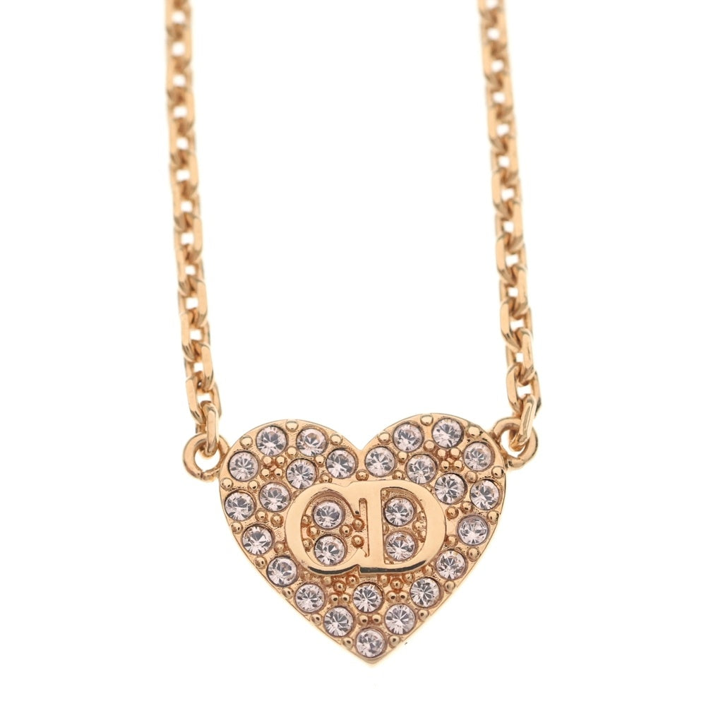 Christian Dior(クリスチャンディオール) CDロゴ ラインストーン ハート ネックレス ペンダント チェーン ピンク×ピンクゴールド レディース