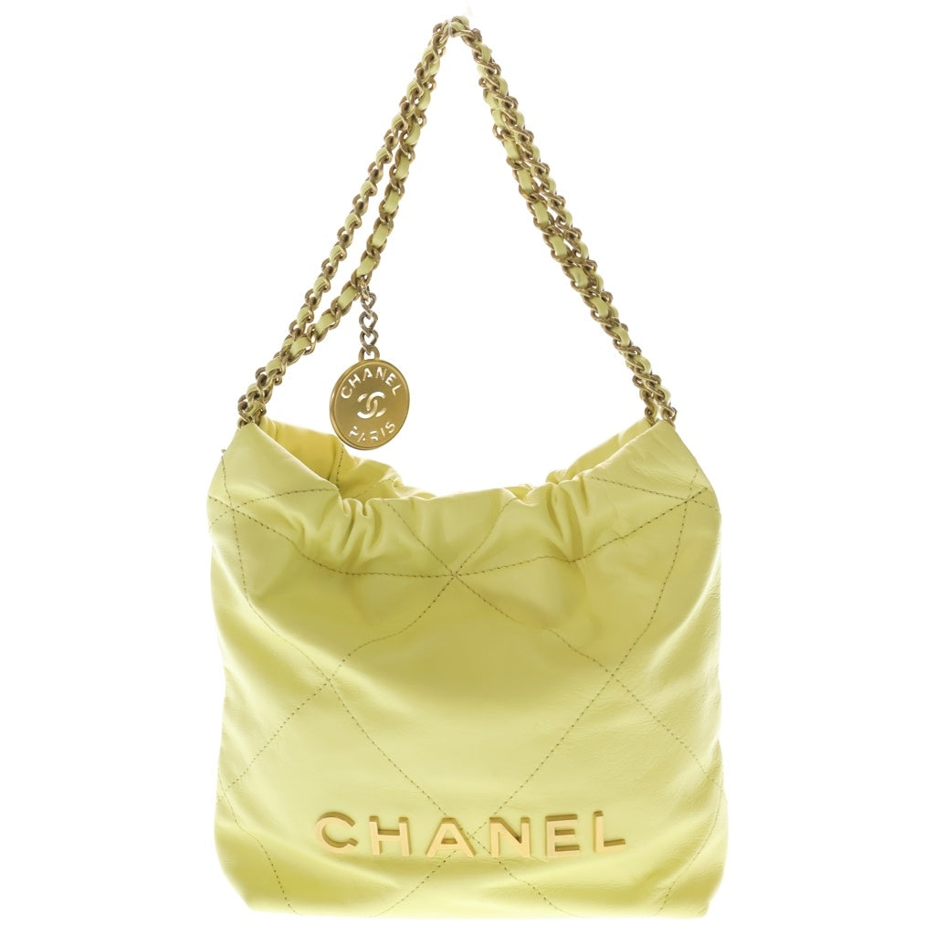 CHANEL(シャネル) シャネル22ミニ シャイニーカーフスキン チェーンショルダーバッグ イエロー ゴールド金具 プレート レディース