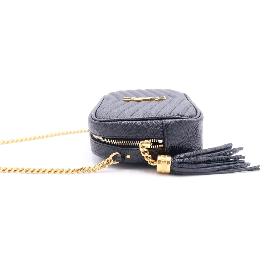 SAINT LAURENT PARIS(サンローランパリ) ルー ミニ カサンドラロゴプレート レザー タッセル チェーンショルダーバッグ ゴールド金具 ブラック 618057 レディース