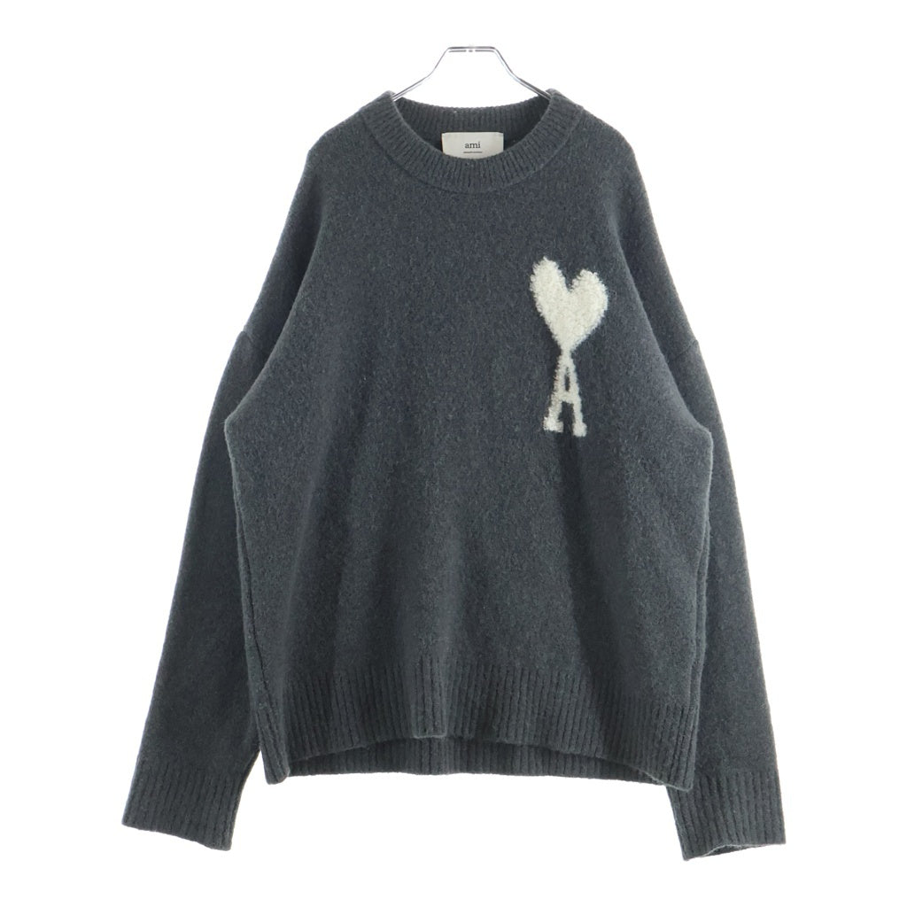 ami paris(アミパリス) ハートロゴ ジャガード クルーネック プルオーバー アルパカ ニット セーター グレー