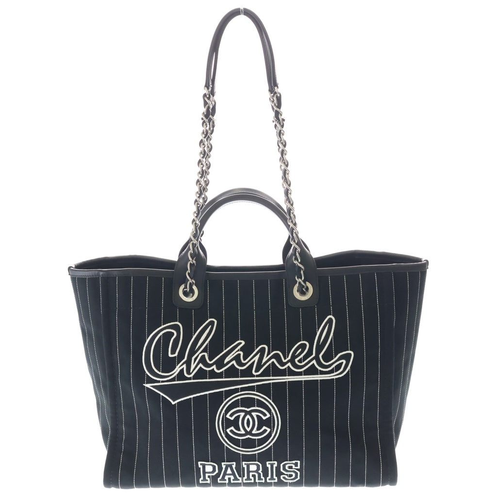 CHANEL(シャネル) ドーヴィルMM キャンバス ロゴ刺繍 トートバッグ ハンドバッグ ブラック レザー×キャンバス A66941 シルバー金具 レディース