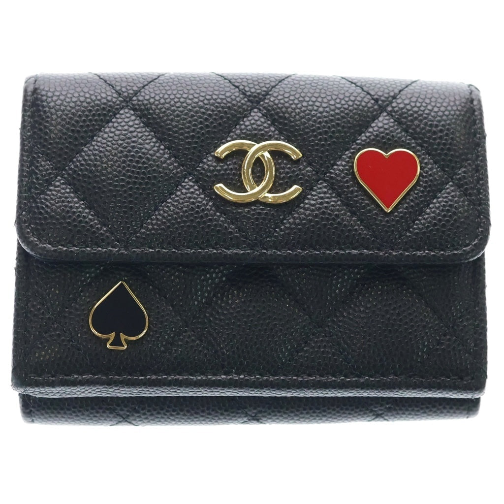 CHANEL(シャネル) マトラッセ ハート スペード コンパクトウォレット 三つ折り財布 コインケース ブラック キャビアスキン AP3081 ゴールド金具 レディース