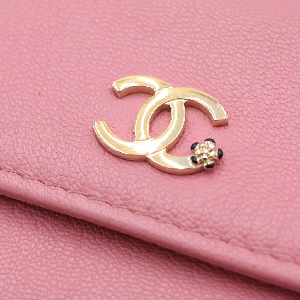 CHANEL(シャネル) ココマーク カメリア ラムスキン フラップウォレット 折り財布 ピンク レディース