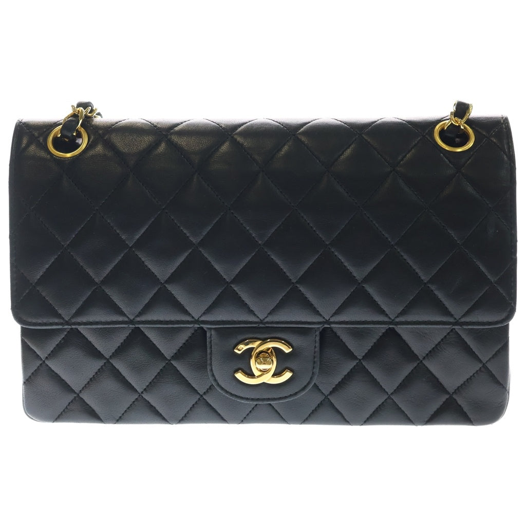 CHANEL(シャネル) マトラッセ25 WフラップWチェーンショルダーバッグ ブラック ラムスキン ゴールド金具 レディース