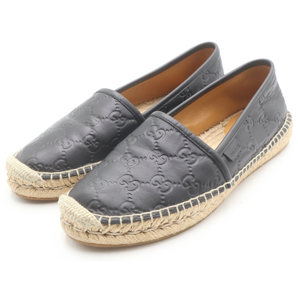 GUCCI(グッチ) グッチシマ レザー×ラフィア ローファー フラットシューズ #37 ブラック/ベージュ レディース
