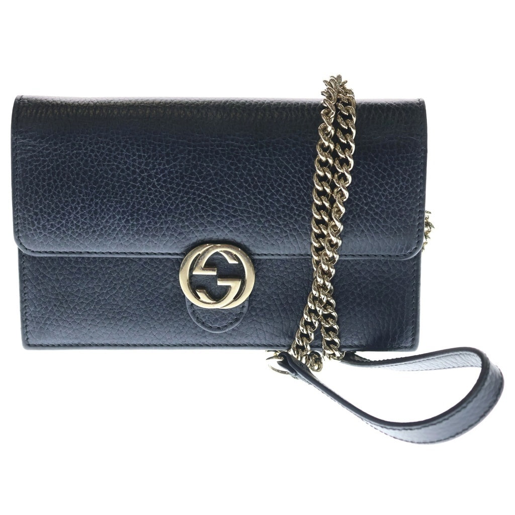 GUCCI(グッチ) インターロッキングG チェーンウォレット ゴールド金具 レザー ブラック 615523 レディース