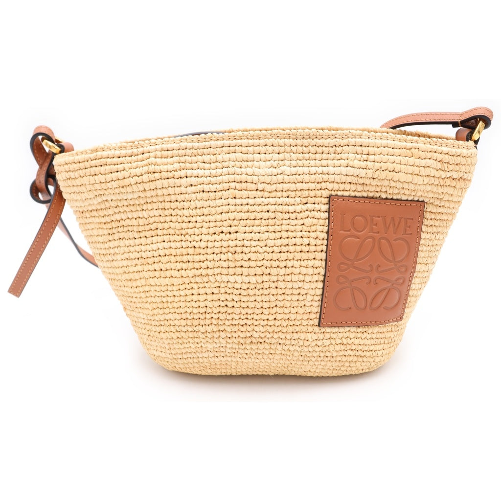 LOEWE(ロエベ) アナグラム スリット ポシェットバッグ ラフィア×レザー ショルダーバッグ かごバッグ ナチュラルタン/ブラウン レディース